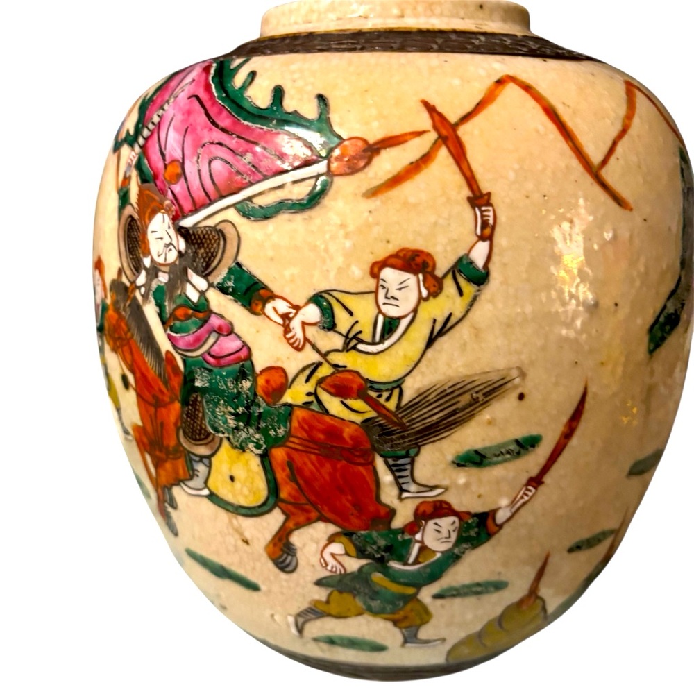 Antique Chinese Chinoiserie Famille Verte Enamel Crackled Ginger Jar Signed